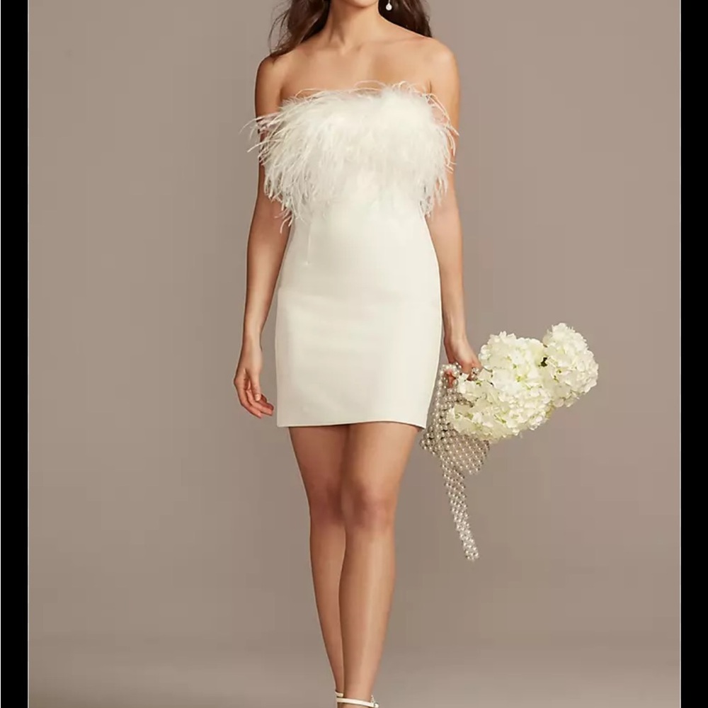 David's Bridal Strapless White Feather Mini Dress
